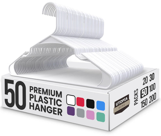 Utopia Home - Plastic Hangers 50 Pack - Space Saving Clothes Hanger - Durable and Strong Closet Organizers and Storage Makes It Ideal Stocking Stuffers or Apartment or Dorm Room Essentials (White)