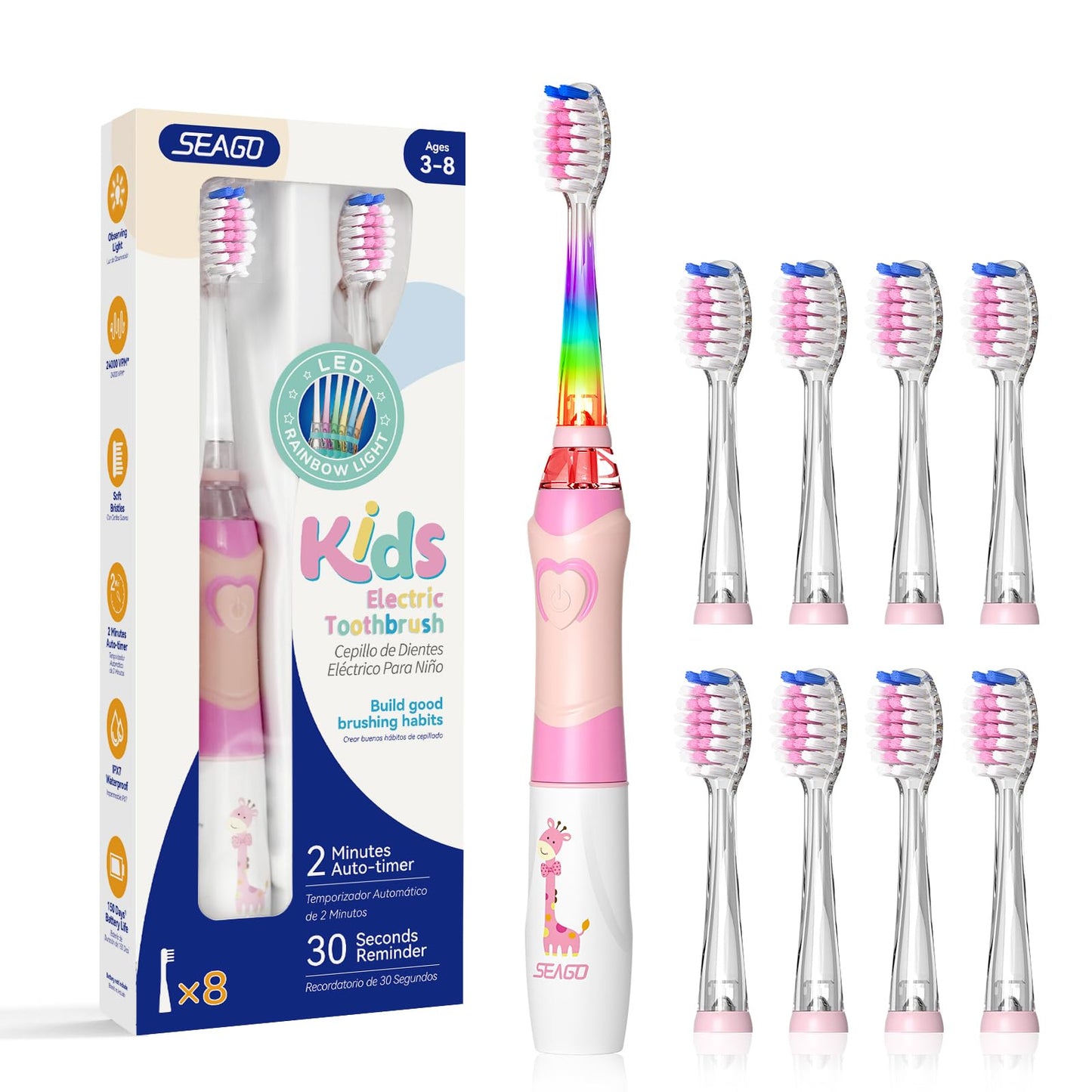 SEAGO Kids Electric Toothbrush with 2 Mins Brushing Timer and 8 Replacement Brush Heads,Rainbow LED Light Makes Brushing Fun, Battery Powered Toothbrush for Boys & Girls 3-6-8 Years Old,Pink