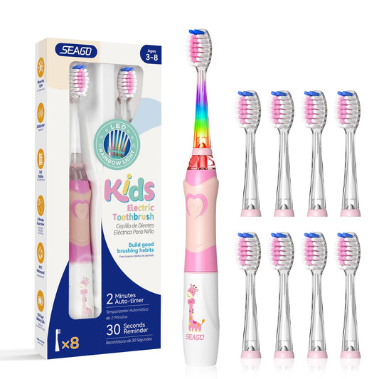 SEAGO Kids Electric Toothbrush with 2 Mins Brushing Timer and 8 Replacement Brush Heads,Rainbow LED Light Makes Brushing Fun, Battery Powered Toothbrush for Boys & Girls 3-6-8 Years Old,Pink