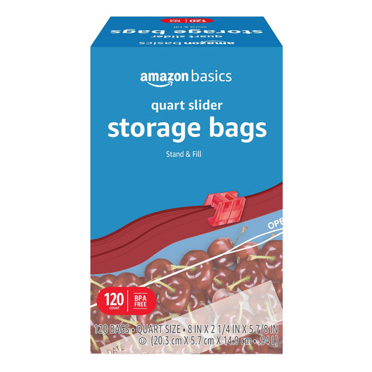 Basics Slider Quart Food Storage Bags with Stand-Up Bottom, Easy to Fill, BPA Free, 120 Count (Previously Solimo)