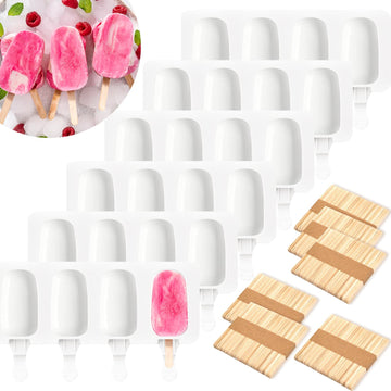 6 Set Small Silicone Popsicle Molds Ice Cream Mould 4 Cavity Ice Lolly Mold White Oval Cake Pop Mould with 300 Pieces Wooden Sticks