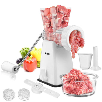 LHS Manual Meat Grinder with Stainless Steel Blades Heavy Duty Powerful Suction Base for Home Use Fast and Effortless for All Meats-White