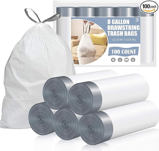 Drawstring 8 Gallon Trash Bags - 100 Count Pre-separated Medium Trash Bags 8 Gallon, Unscented White 8 Gal Garbage Bags