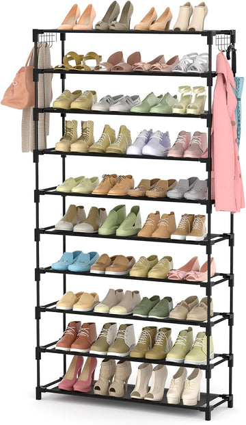 10 Tiers Shoe Rack 50 Pairs Large Capacity Tall Shoe Organizer Sturdy Shoe Storage with Two Hooks Space Saving Metal Wide Shoe Rack for Closet