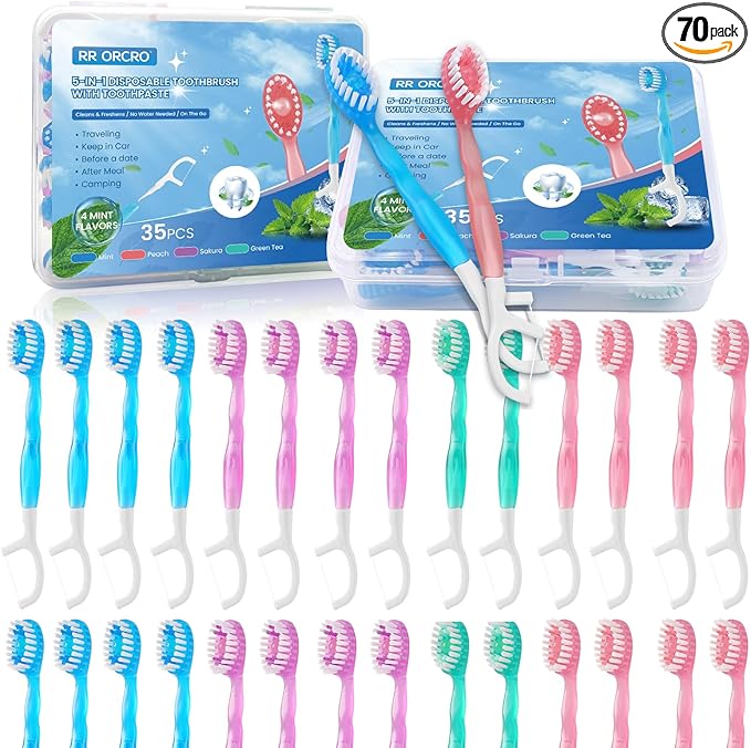 70Pack Mini Disposable Toothbrushes 5-in-1 Portable Pre-Pasted Travel Toothbrush with Toothpaste Tongue Scraper Floss Pick Individually Wrapped Box Small Prepasted Travel Toothbrush for Kids Adults