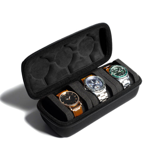 3 Slot Hard Watch Travel Case, Watch Roll Case Storage and Organizer for Men and Women, with anti-move watch pillow (Black fabric 3Slots)