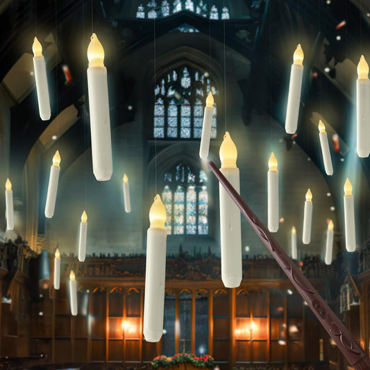 Homemory Hanging Floating Candles with Wand Remote and String, Flying Flameless LED Taper Candles Warm White Light, Battery Operated Window Candles