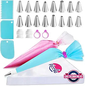 Riccle Piping Bags and Tips Set, 11.8 Inch 100 Anti Burst Piping Bags, 124 Pcs Cake Decorating Kit with 16 Piping Tips, 1 Reusable Pastry Bags