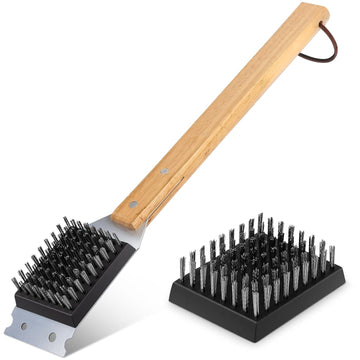 SIMPLETASTE Grill Brush and Scraper for BBQ, Durable & Effective, Replaceable Stainless Steel Head, Wooden Handle Wire Grill Brush for Outdoor Grill