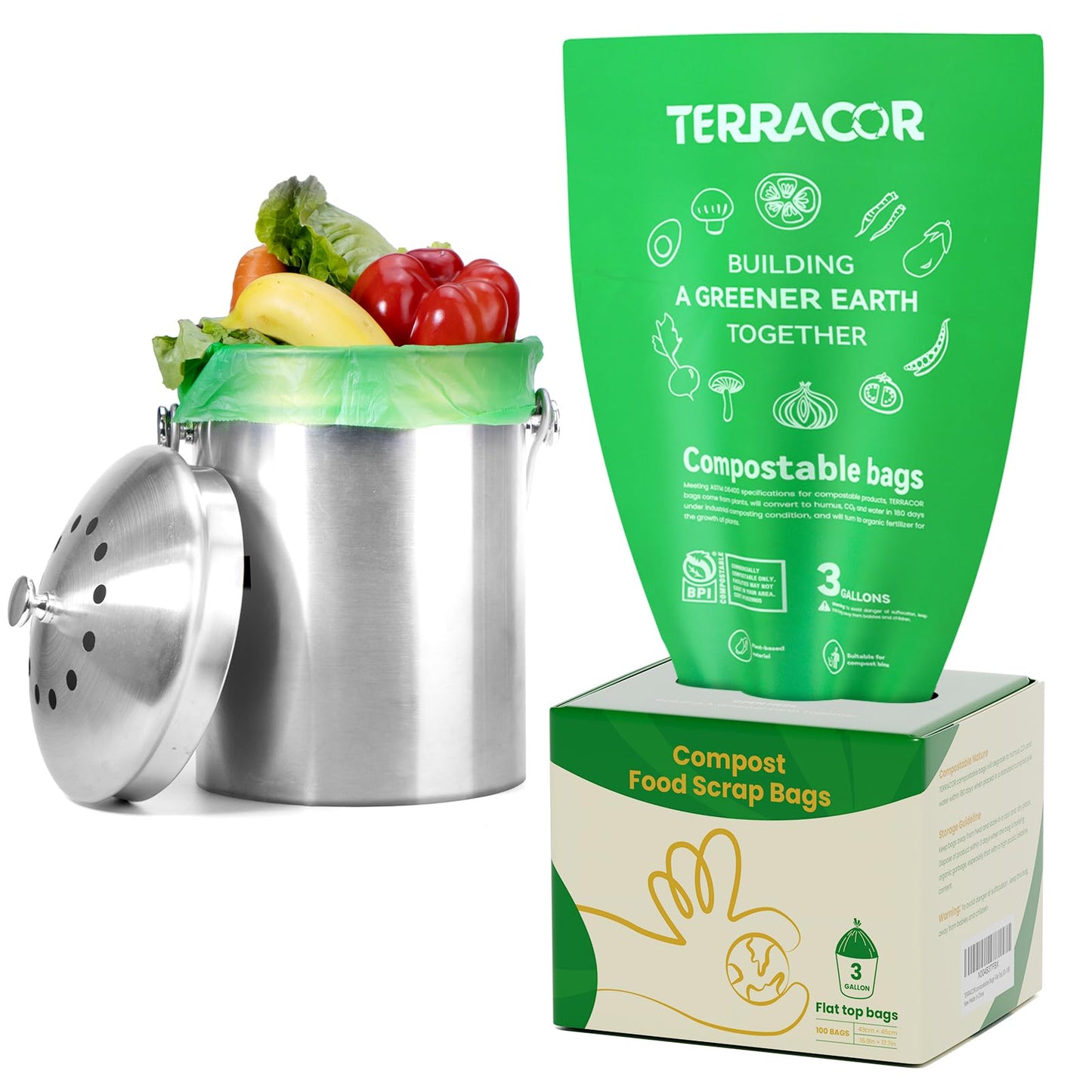 3 Gallon Compostable Food Scrap Bags, 100 Bags Compost Bags for Countertop Bin, BPI Certified and Meet The ASTM D6400 Standard