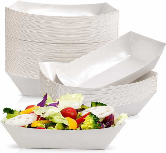 Oomcu 100 Pack 3 lb Heavy Duty Disposable Kraft White Paper Food Trays,Take Out Food Serving Boats Baskets Trays for Party Snacks French Fries Nachos Hot Dogs Tacos BBQ