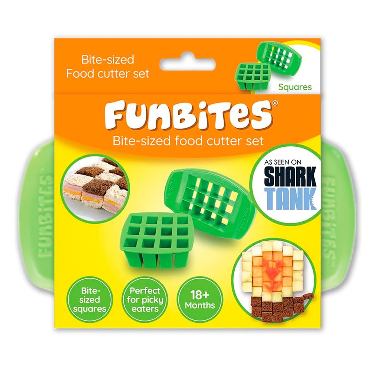 FUNBITES Crustless Sandwich Cutter for Kids Lunch (2-piece set), Uncrustable Sandwich Cutter, Bite-Size Food Cutter for Toddlers, Bento Box Accessories, BPA-FREE Dishwasher Safe, Green Squares 1pk