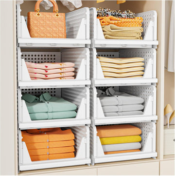 SNSLXH 5 Pack Stackable Closet Storage Basket, Multifunctional & Foldable Closet Organizer for Bathroom Kitchen Laundry Room Wardrobe Storage
