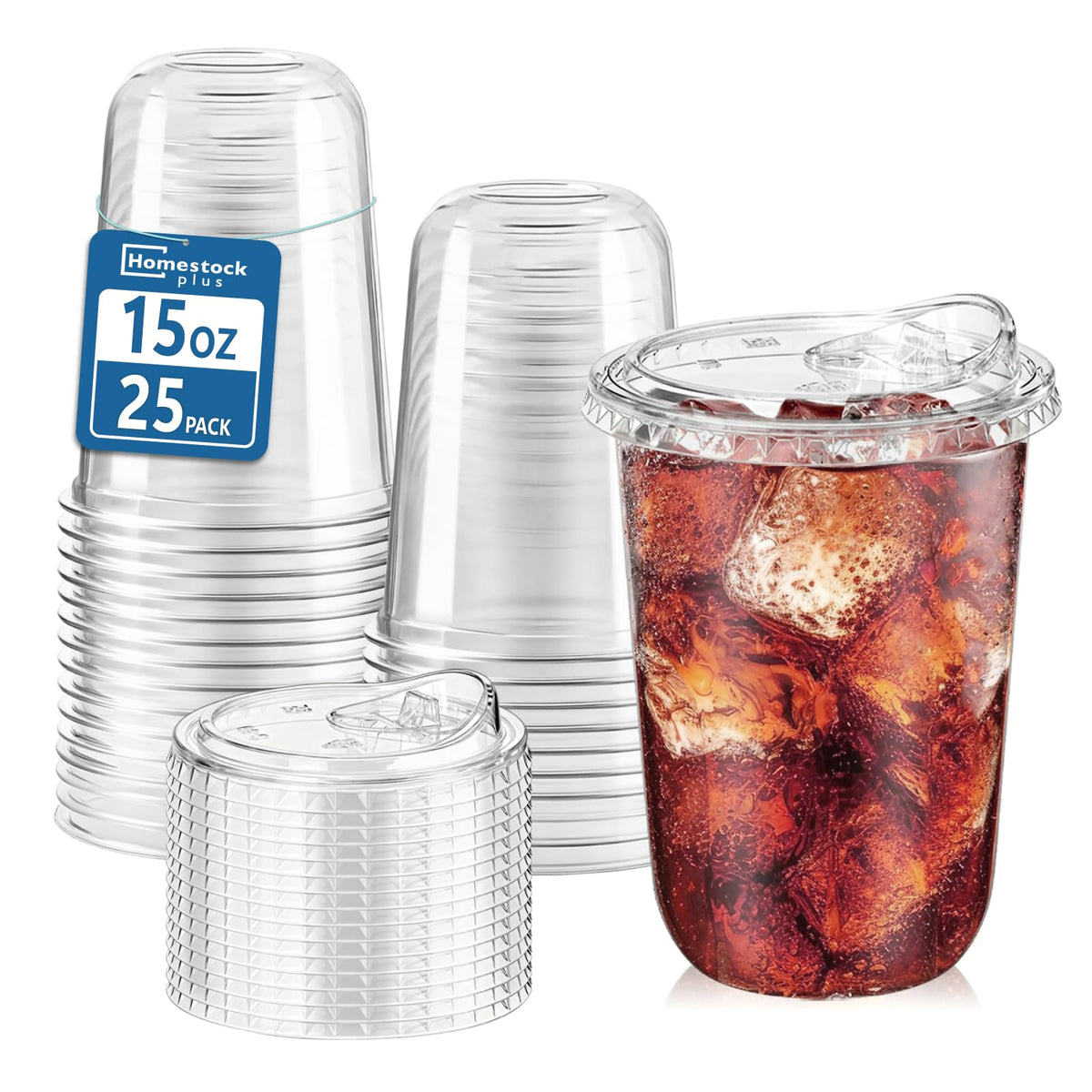 Homestockplus 25 Pack 15 oz BPA-Free Clear Plastic Cups with Strawless Sip Lids - Leak-Proof Round Bottom Disposable Iced Coffee Cups for Kids, To-Go Cold Drinks, Ideal for Small Parties & Daily Use