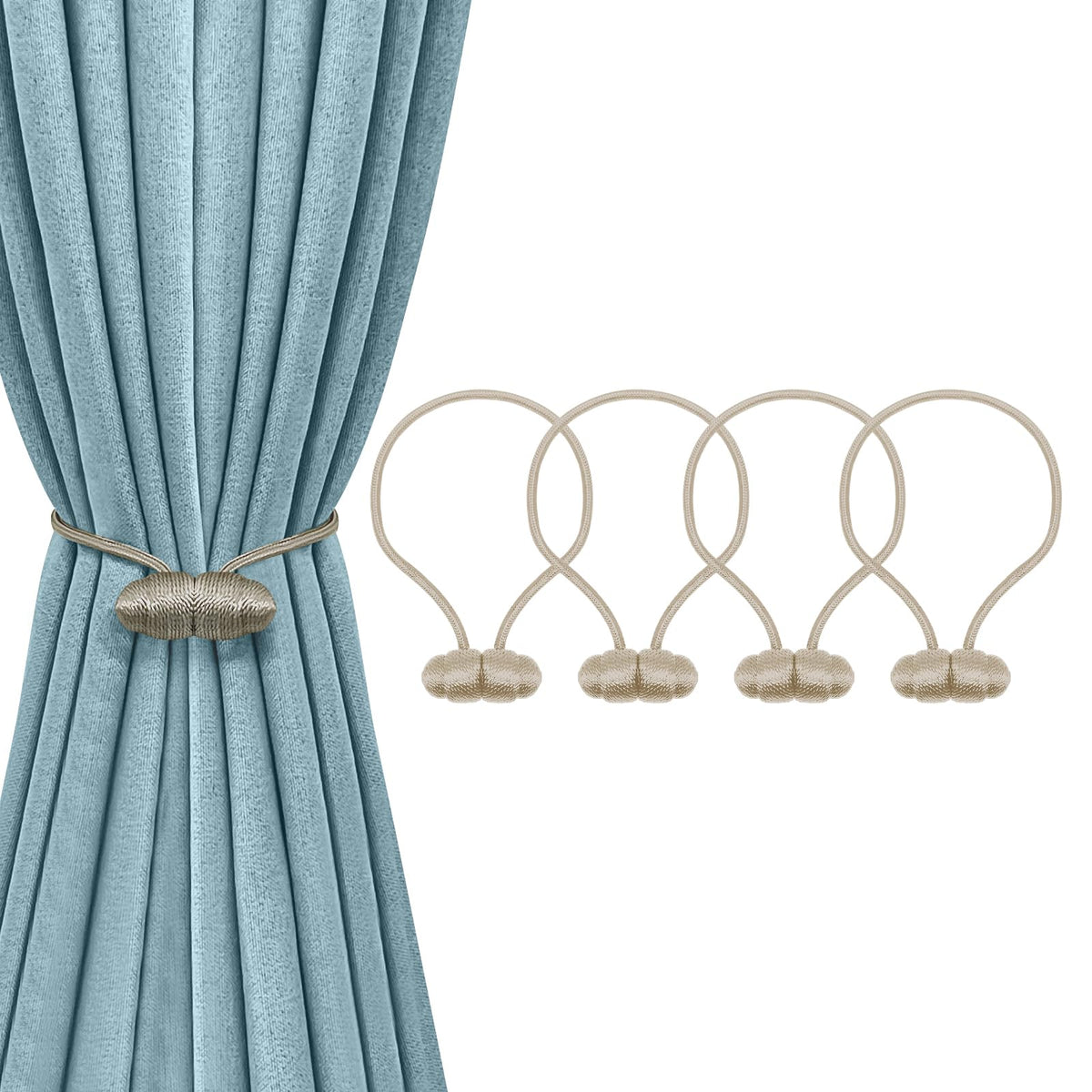 Tifanso Beige Magnetic Curtain Tiebacks - 4pcs Decorative Curtain Tie Backs, No Drill Closure Drapery Tiebacks Holdbacks, Boho Drapes Straps Ropes for Bedroom, Bathroom, Farmhouse Decor