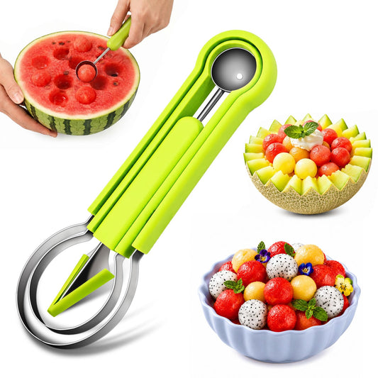 Suuker 4 in 1 Melon Baller Scoop Set, Stainless Steel Fruit Cutters Shapes, Watermelon Scooper and Baller, Fruit Carving Tools (Green)