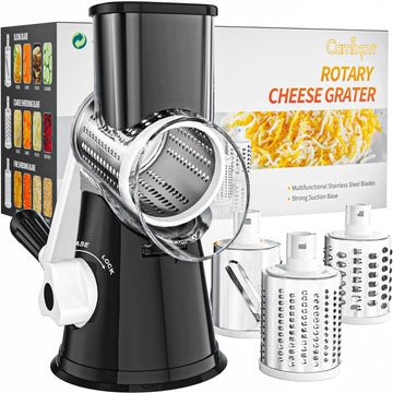 Cambom Rotary Cheese Grater Hand Crank Cheese Shredder for Fresh Cheese, Vegetable, Nuts, Non-slip Suction Base, Free Cleaning Brush Three Blades