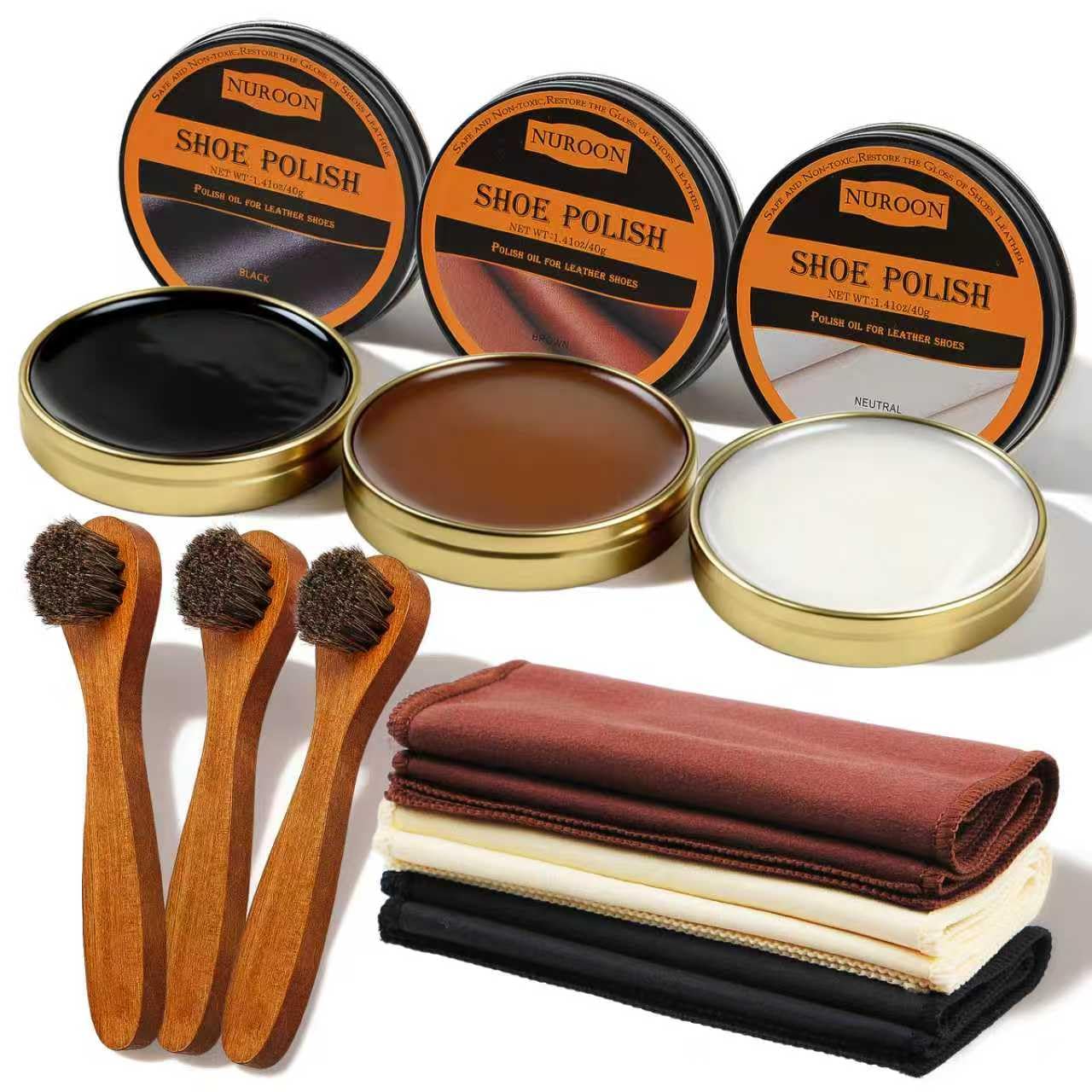 Nuroon 9 Pcs Shoe Polish Kit for Men & Women, 3 Pcs Horsehair Shoe Brushes, Brown Neutral Black Shoe Polish
