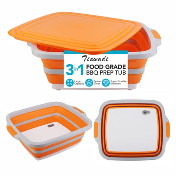Tiawudi Large Collapsible BBQ Prep Tub with Lid(4.22 Gal/16L), Foldable Camping Sink with Colander, Cutting Board, Dish Basin for Kitchen, Bowl