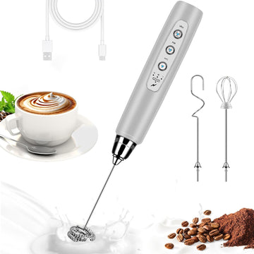 YUSWKO Black Handheld Milk Frother Wand for Coffee, Rechargeable Electric Whisk with 3 Heads 3 Speeds Drink Mixer Coffee Frother For Latte