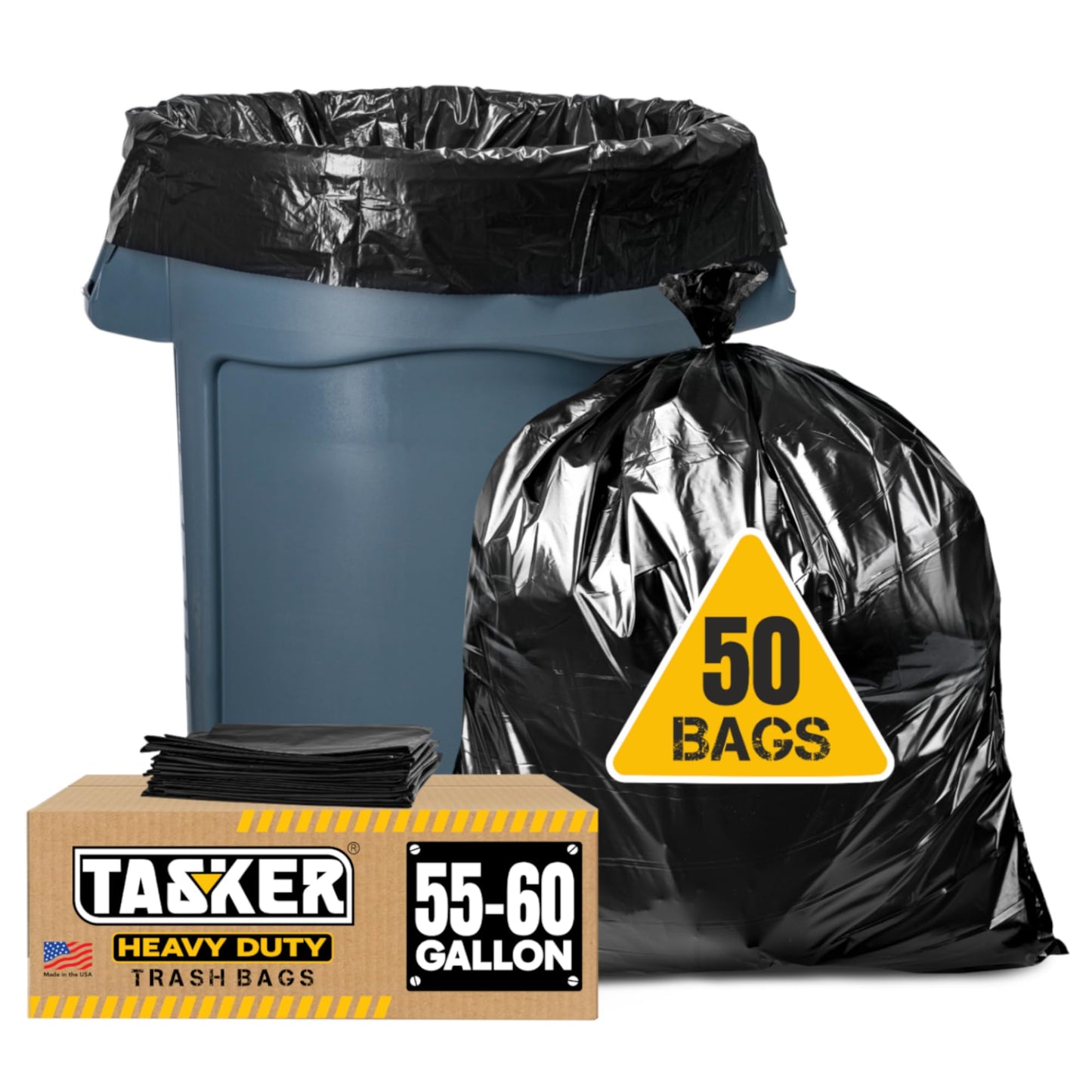Tasker 55 Gallon Trash Bags | Value 50 Trash Bags w/Ties | Heavy Duty Extra Large Industrial Trash Bags 55 Gallon, Lawn and Leaf Bags, Extra Large Outdoor Contractor Trash Can Liners, 50-60 Gallon