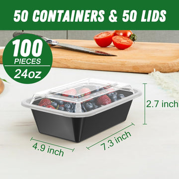 50 Pack (100-Piece) 24 oz Meal Prep Containers Reusable with Lids, Sturdy Leakproof & Food Safe, Microwave, Freezer, Dishwasher Safe Prep Containers