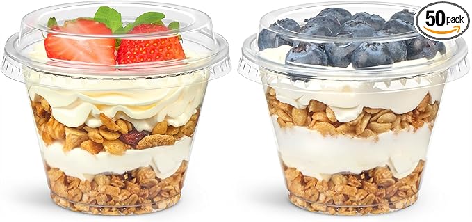 50 Pack 6 oz Plastic Dessert Cups with Lids, Small Plastic Yogurt Parfait Cups, Mini Round Party Serving Cup for Pudding, Fruit, Cake, Appetizer, Dessert Shot Glasses