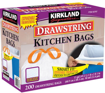 Kirkland Signature 13 Gallon 200 Ct Carton 100% recyclable Heavy Duty Drawstring Kitchen Trash Bags Garbage Bag, White