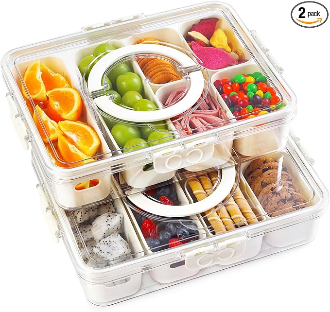 2 Pack Divided Serving Tray with Lid and Handle, 12 Compartments Snackle Box Container for Portable Snack Platters Large Clear Organizer for Picnic Snacks to Go Dishwasher Safe
