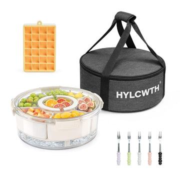 Divided Serving Tray with Lid and Handle, Rounded Snackle Box with 6 Compartments and Chill Base for Fruits, Candy, Veggie