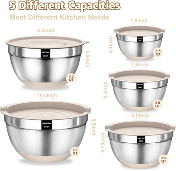Umite Chef Mixing Bowls with Airtight Lids Set, 8PCS Stainless Steel Khaki Nesting Bowls with Grater Attachments, Kitchen Bowls
