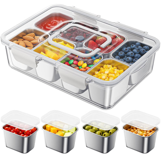 Snackle Box Container with 8 Removable Stainless Steel Compartments Divided Serving Tray with Portable Handle for Beach, Road Trip, Picnic, Boat Days, Ball Games, Pool and Parties