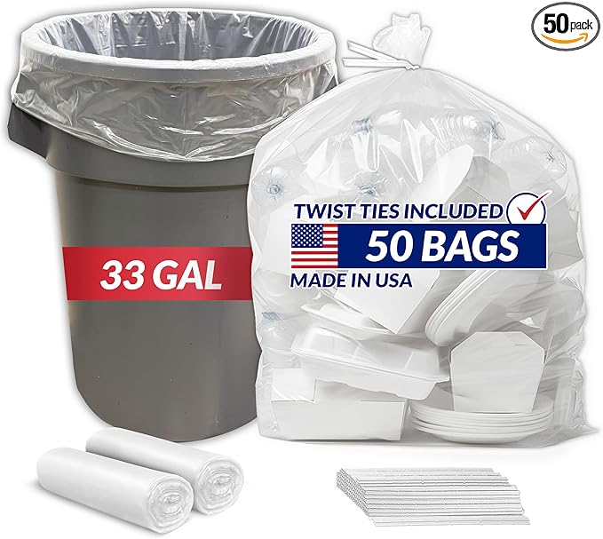 Reli. 33 Gallon Trash Bags Heavy Duty | 50 Trash Bags with Ties | Super Sizeable, Clear, Serious Garbage Cleanup