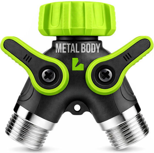 LIME 2 Way Hose Splitter Heavy Duty - Metal Y Garden Hose Splitter with Shutoff Valves, Brass Outdoor Faucet Adapter for Spigot, 3/4 Inch GHT Water Hose Connector