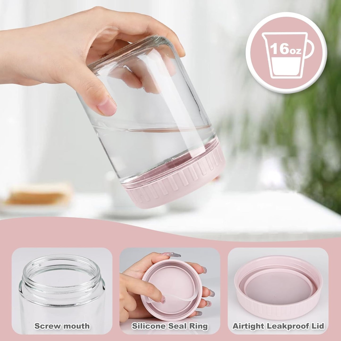 Overnight Oats Containers with Lids, 16oz Glass Jars with Lids 4 pcs, Wide Mouth Mason jars for Salad, Yogurt, Snacks, Meal Prep