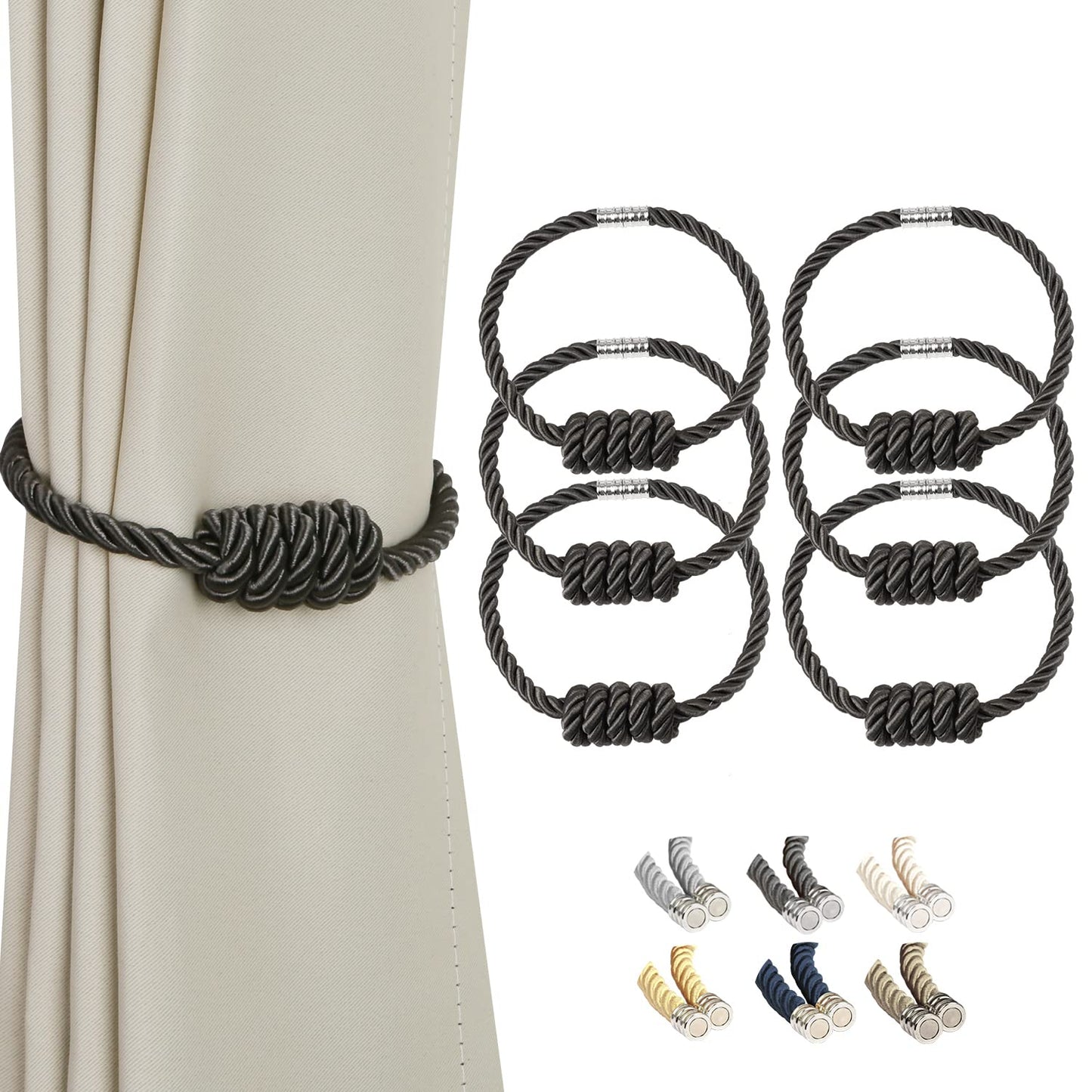 BEL AVENIR Magnetic Curtain Tiebacks, Decorative Drapery Holdbacks Modern Woven Tie-Backs with Exquisite Knot (Charcoal, 6 Pack)