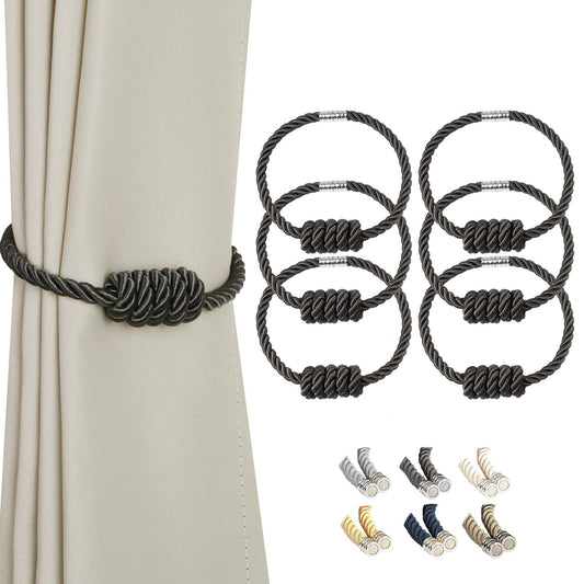 BEL AVENIR Magnetic Curtain Tiebacks, Decorative Drapery Holdbacks Modern Woven Tie-Backs with Exquisite Knot (Charcoal, 6 Pack)