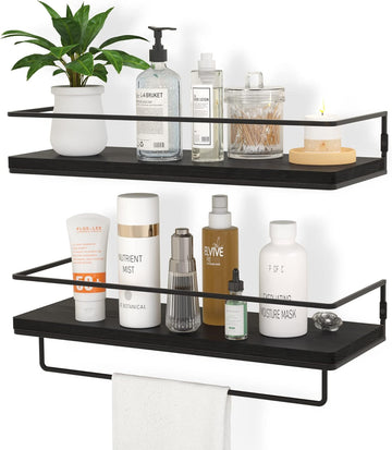 ZGO Floating Shelves for Wall Set of 2, Wall Mounted Storage Shelves with Black Metal Frame and Towel Rack for Bathroom, Bedroom, Living Room