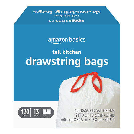 Basics Tall Kitchen Drawstring Trash Bags, Sturdy and Tear Resistant, 13 Gallon, Unscented, 120 Count