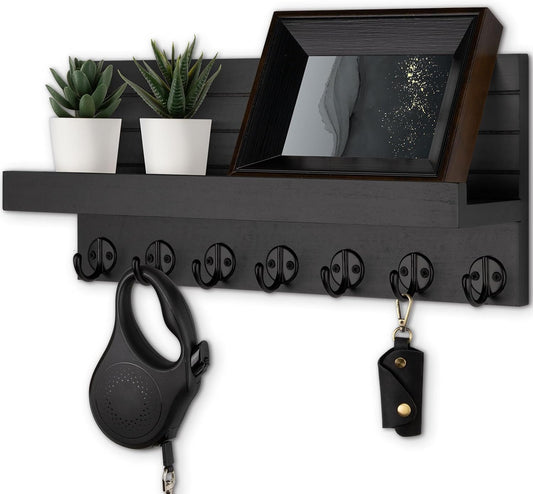 Key Holder Wall Mount, Entryway Key and Mail Holder with 7 Sturdy Hooks for Sunglasses, Dog Leash, Decorative Wall Shelf with Mounting Hardware