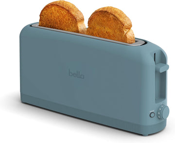 bella 2 Slice Slim Toaster, Fits-anywhere™ Kitchenware, 6 Setting Shade Control with Reheat & Cancel Buttons, Fits Sourdough, 10” Long Slot - Surf