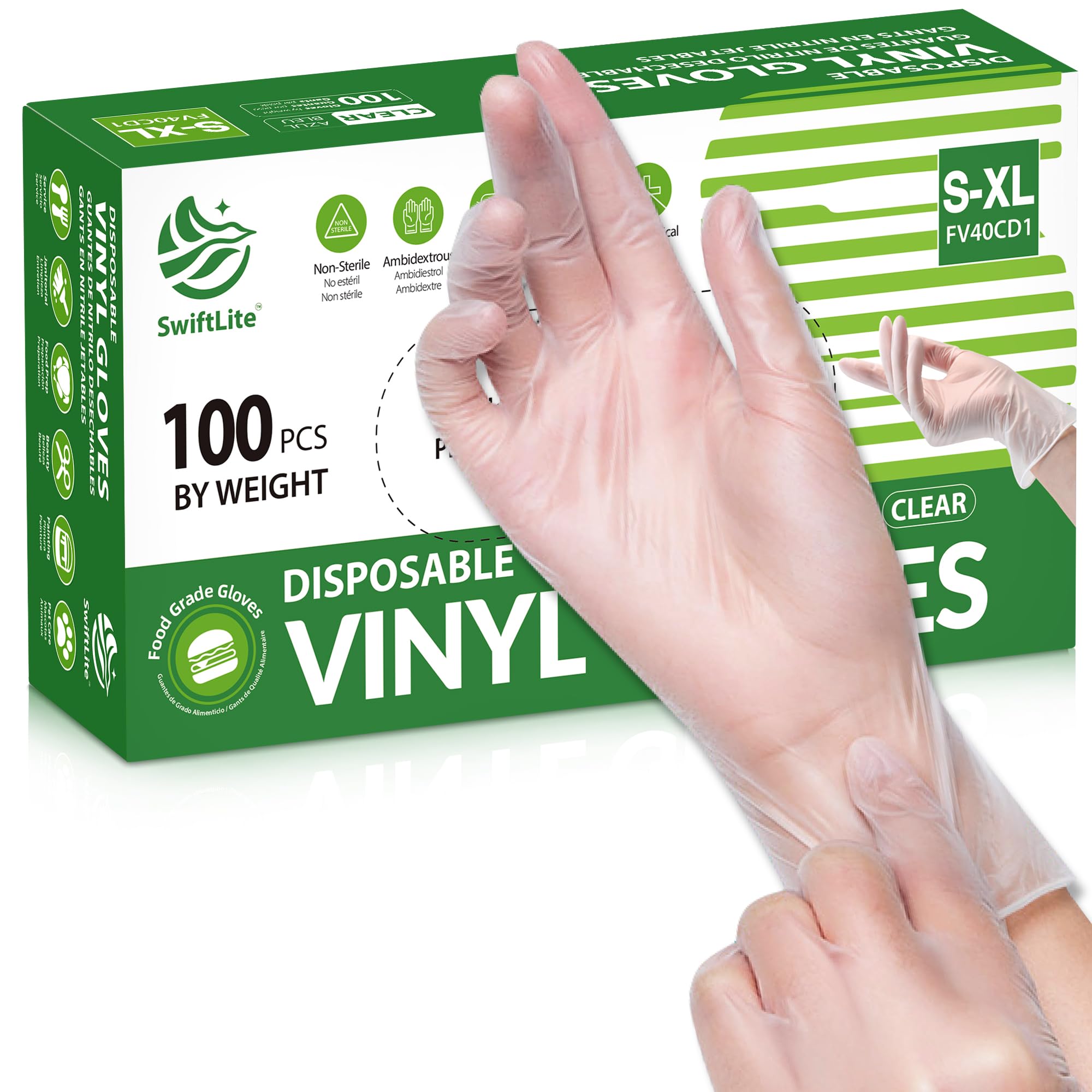 SWIFTLITE Disposable Vinyl Gloves, Food Safe, Latex-Free Powder-Free Clear Plastic Gloves for Cooking, House Clean, Food Prep
