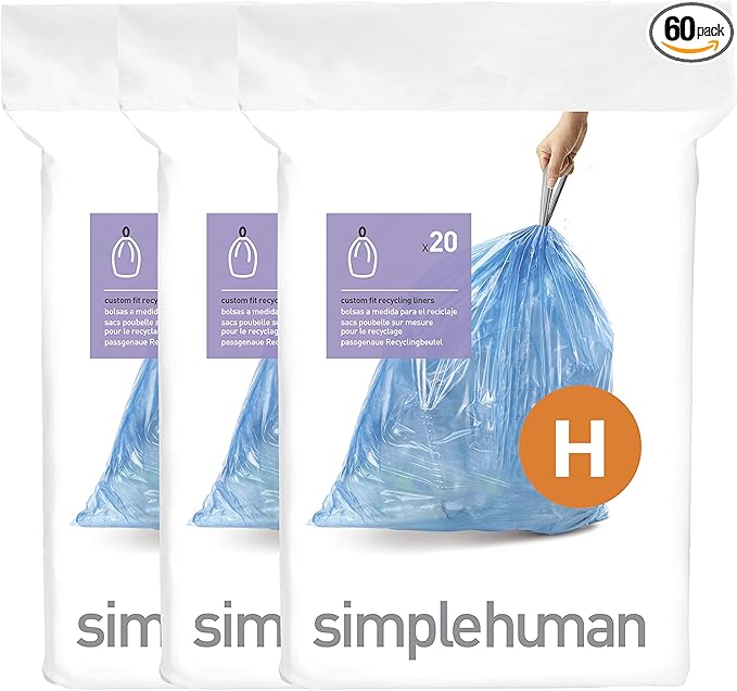 simplehuman Code H 60 Count, Genuine Custom Fit Liners, Drawstring Trash Bags in Dispenser Packs, 30-35 Liter / 8-9.2 Gallon, Blue