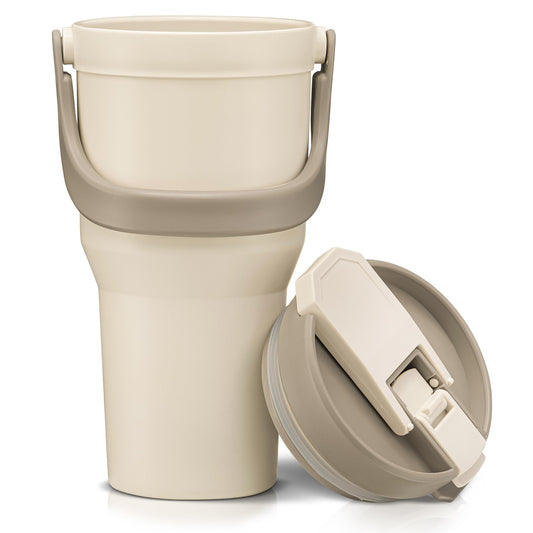 Large Insulated Reusable Travel Mug with Handle, for Hot & Cold Drinks Durabile BPA-Free Plastic, Microwave & Dishwasher Safe, Portable Travel Coffee Tumbler Cup - 100% Leakproof Lid - 32 oz (Beige)