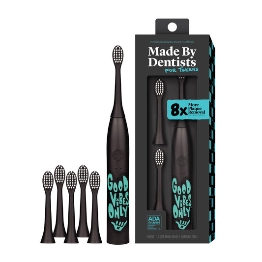 Made by Dentists Sonic X Electric Toothbrush – Rechargeable Kids Sonic Toothbrush, 8X Plaque Removal, 2 Speed Modes, 2-Minute Timer 6 Brush Heads Included, Tweens Ages 7+, Good Vibes Only Edition