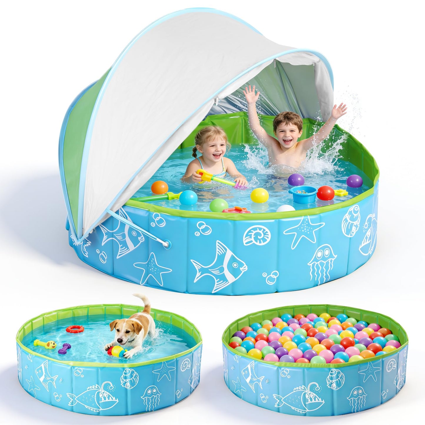 47.3"‌ Foldable Baby Pool with Canopy, Hard Plastic Pool Suitable for Kids Toddler Kiddie, Designed for Use in Backyard, Beach, Park, Blue and Green(No Sprayer)