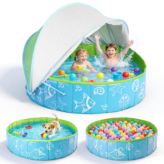 47.3"‌ Foldable Baby Pool with Canopy, Hard Plastic Pool Suitable for Kids Toddler Kiddie, Designed for Use in Backyard, Beach, Park, Blue and Green(No Sprayer)