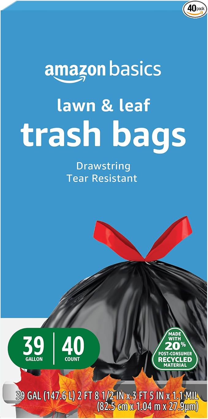 Basics 39 Gallon Lawn & Leaf Heavy Duty Drawstring Trash Bags, 20% Post Consumer Recycled, 40 Count, Black