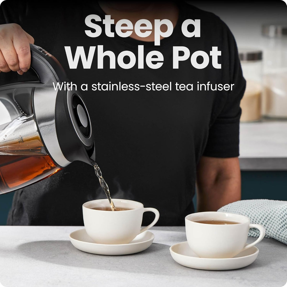 Chefman Electric Kettle with Temperature Control, 5 Presets LED Indicator Lights, Removable Tea Infuser, Glass Tea Kettle & Hot Water Boiler, 360° Swivel Base, BPA Free, Stainless Steel, 1.8 Liters