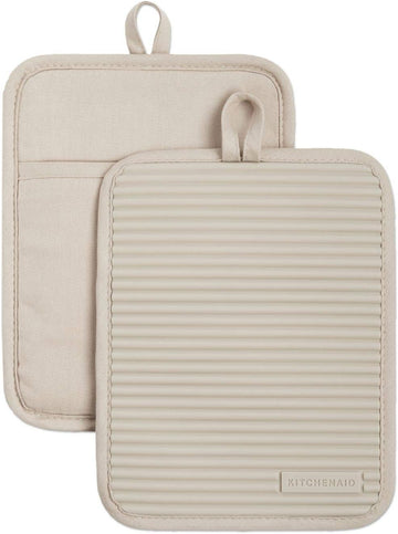 KitchenAid Ribbed Soft Silicone Pot Holder 2-Pack Set, Milkshake Tan, 7"x9"